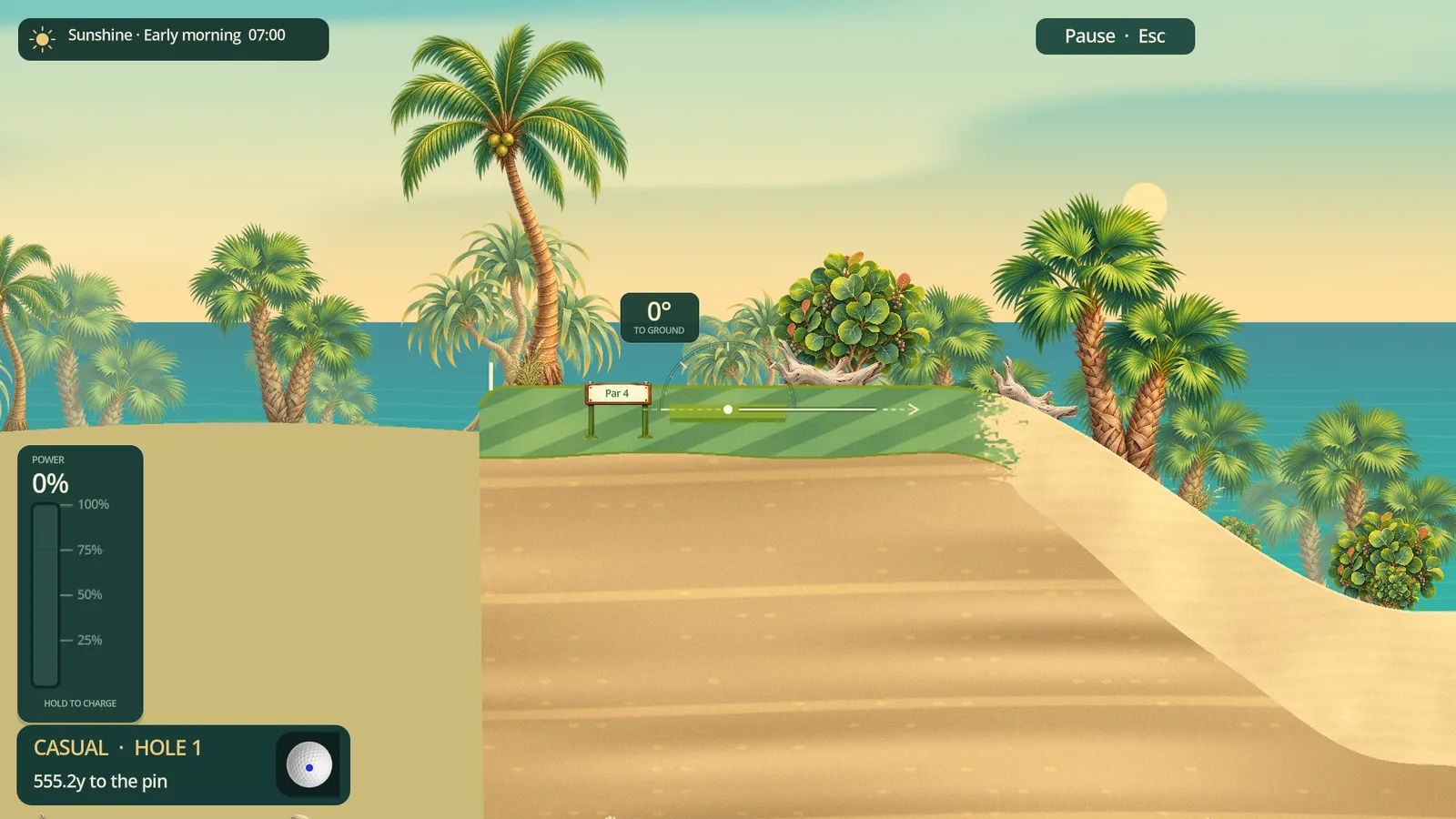 A tee box among palm trees and sand dunes beside the sea on Dune Beach