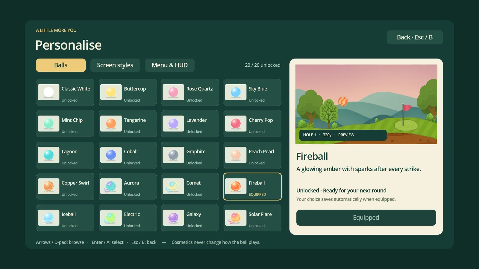 The Personalise screen showing a collection of golf balls to choose from