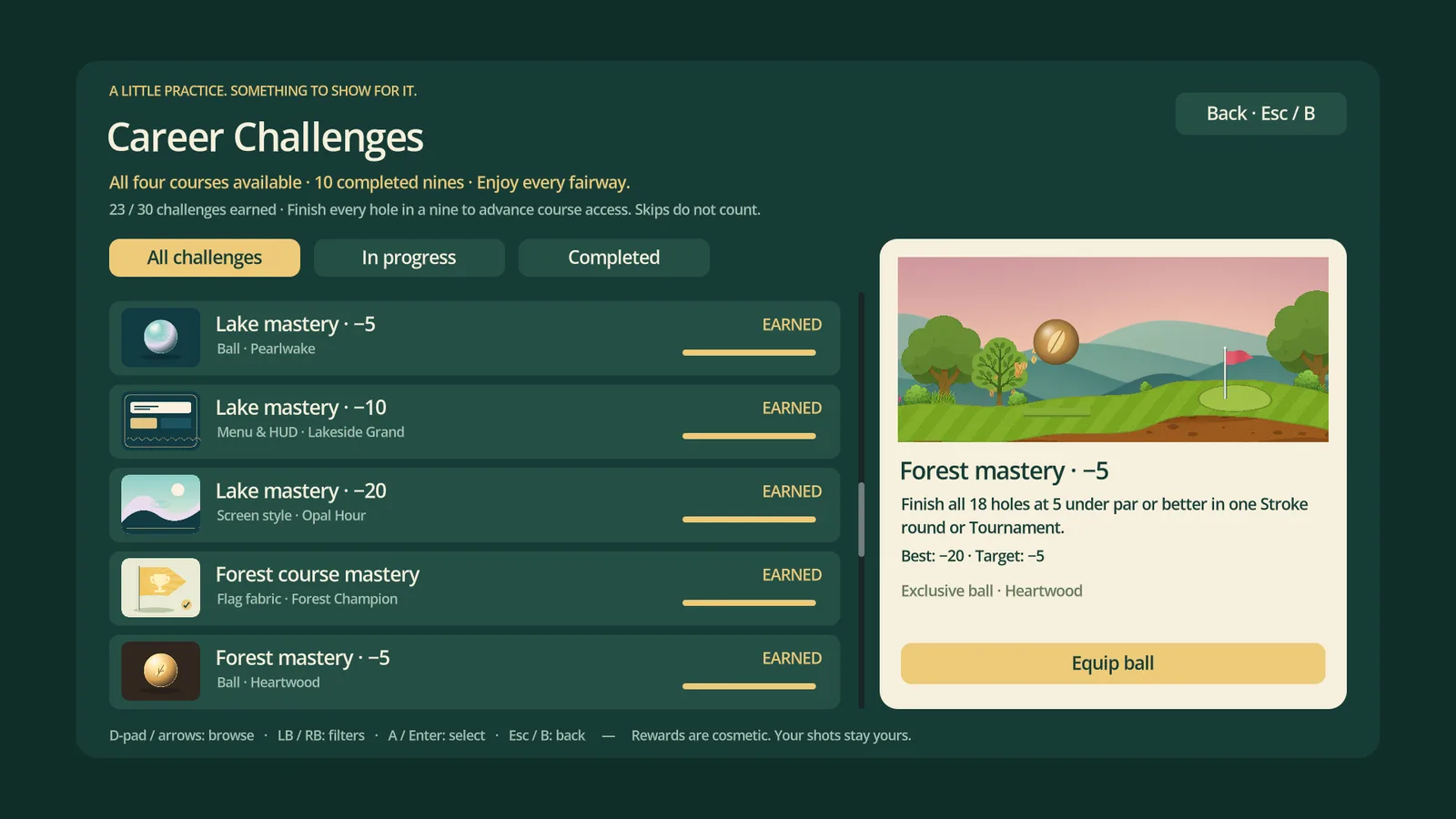 Career challenges marked as earned, including Lake mastery at five, ten and twenty under par