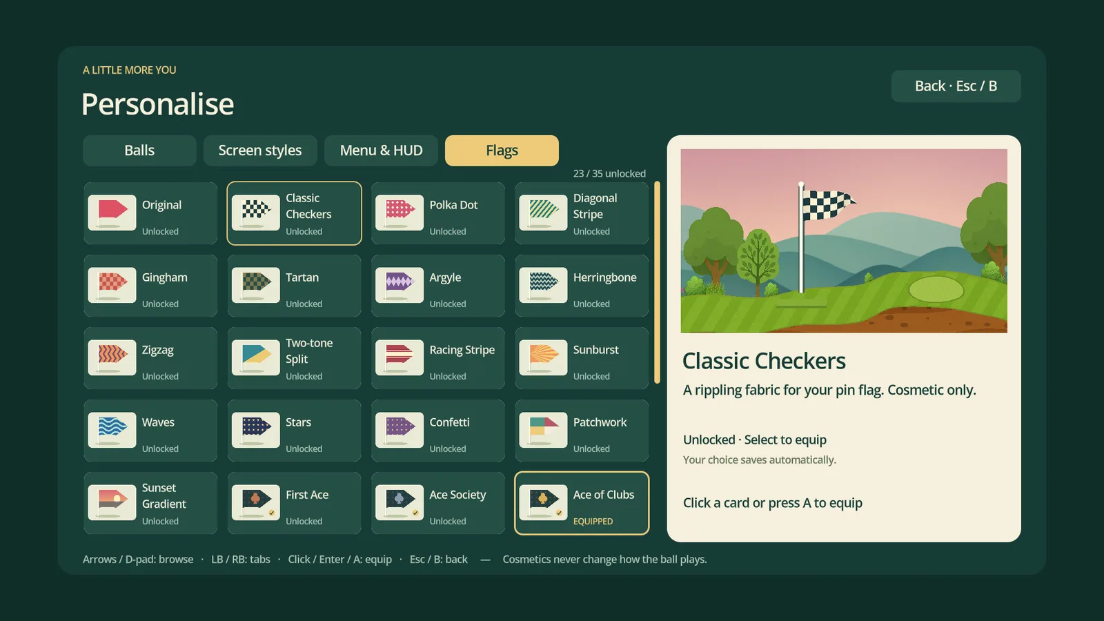 The Flags tab of Personalise with fabrics such as Classic Checkers, Tartan, Argyle and Sunburst