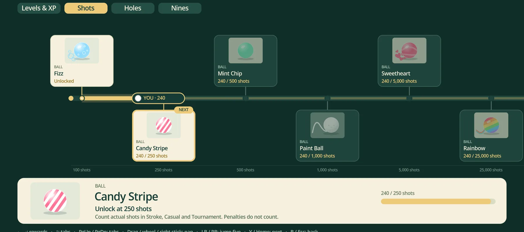 The Shots tab of the Timeline, showing ball rewards such as Candy Stripe at 250 shots and Rainbow at 25,000 shots