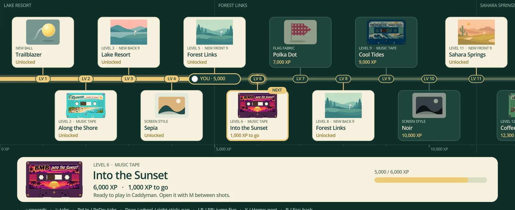 The progression timeline, with cards for new balls, courses, music tapes and screen styles along a line of levels