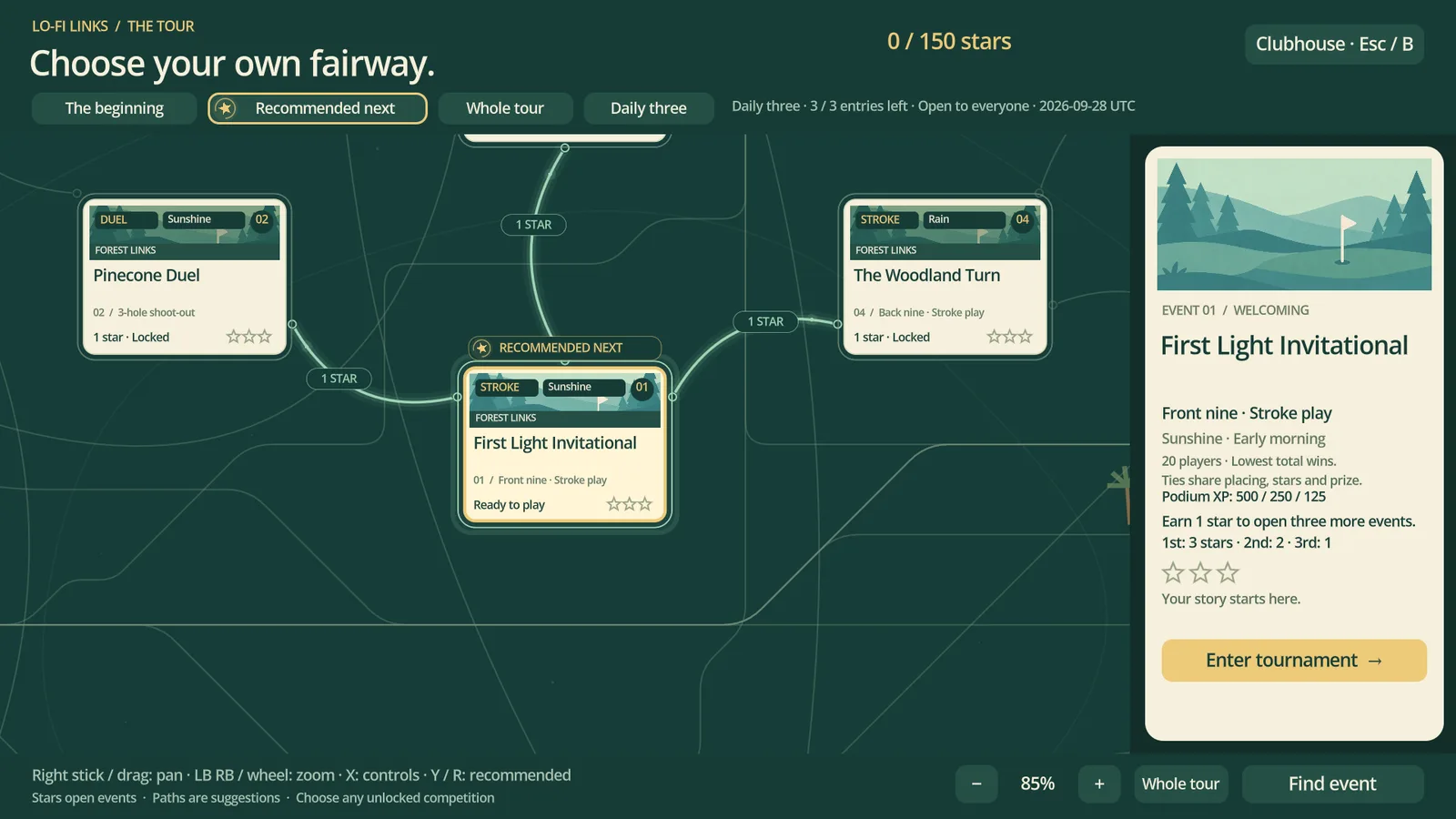 The tournament tour map, with event cards joined by paths and a panel describing the First Light Invitational